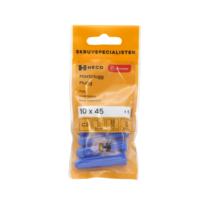 Plastplugg Blå 10 x 45 mm 5-pack Heco